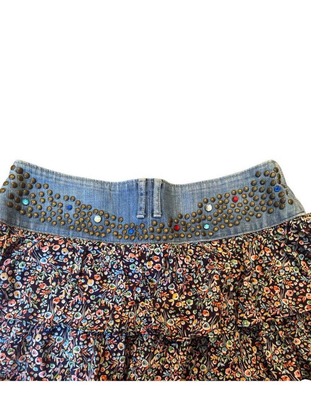 Y2K Express Denim & Floral Ruffle Micro Mini Skirt | Studs Gems Boho Festival - Picture 8 of 13